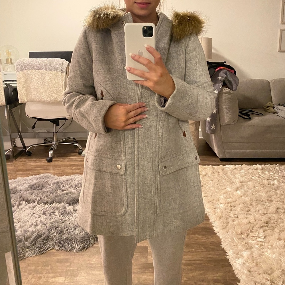 J Crew coat!! light gray mid length coat with removable fur lining on hood!